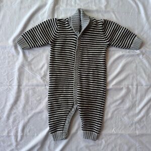 next Striped Knit Cozy Shawl Collar Sweater One-Piece in Gray & Black